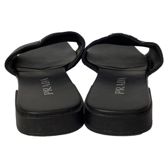 Prada Triangle-Logo Plaque Slide Flat Sandals in Black Leather - Picture 3 of 12